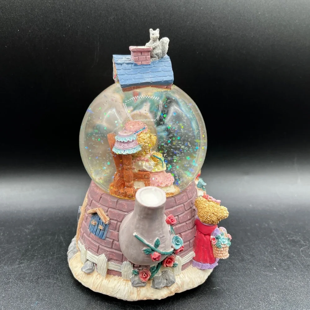 Vtg Resin Musical Teddy Bear Tea Party Teapot Snow Globe Music Box 6